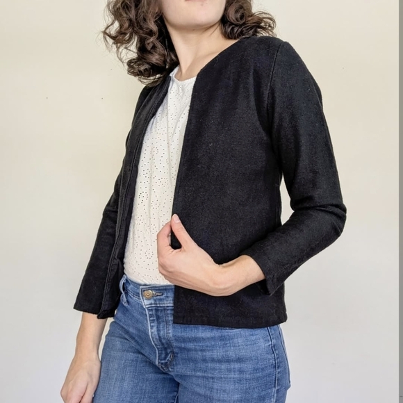Women's Black Cotton Collarless Jacket - Picture 1 of 7